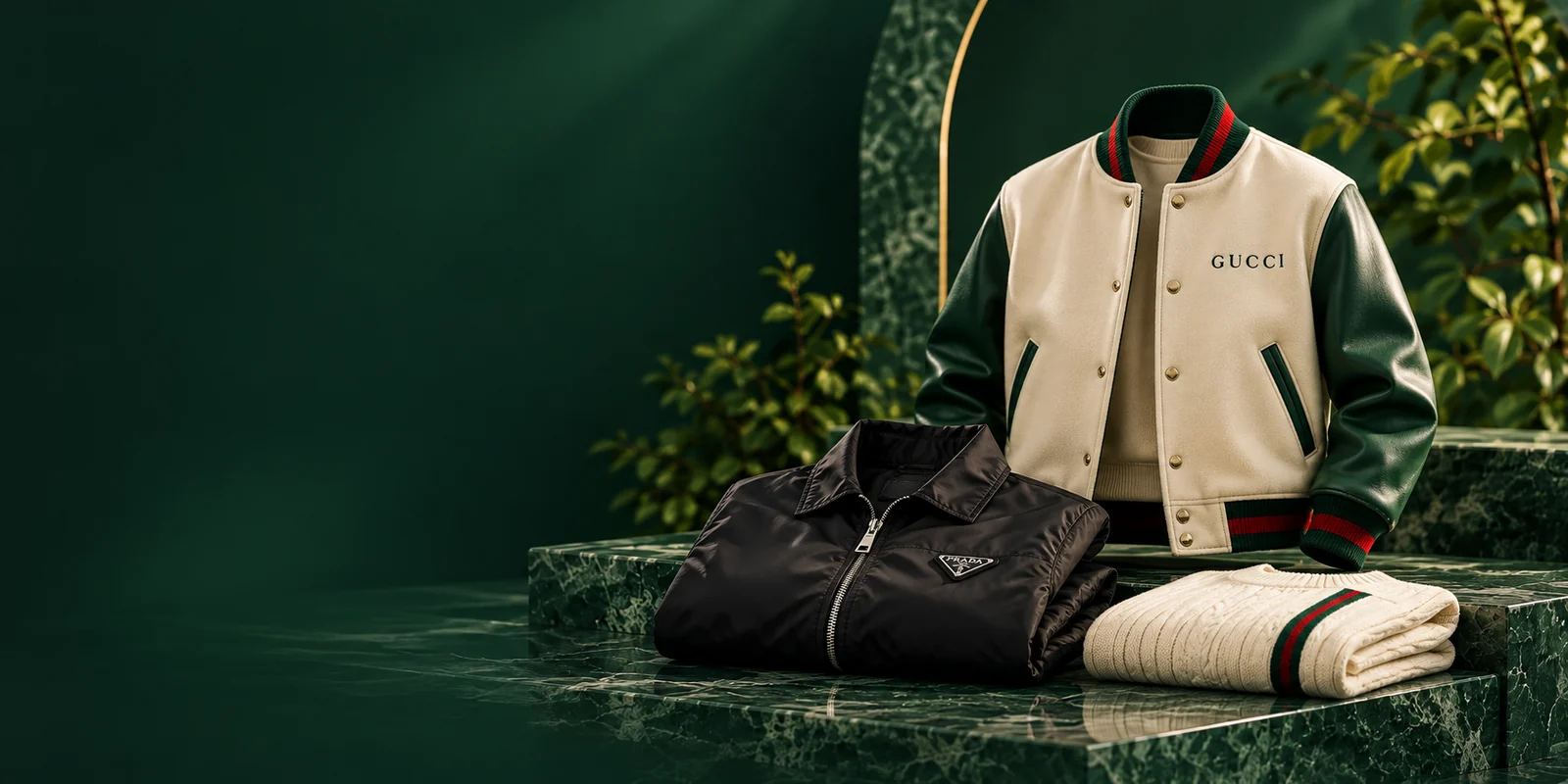 Gucci varsity jacket and Prada outerwear arranged on emerald marble